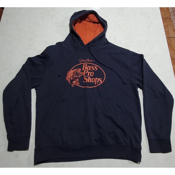 Bass Pro Shops John Morris Men's Hoodie Navy Blue Orange Promo Sweatshirt NWOT - Picture 1 of 7